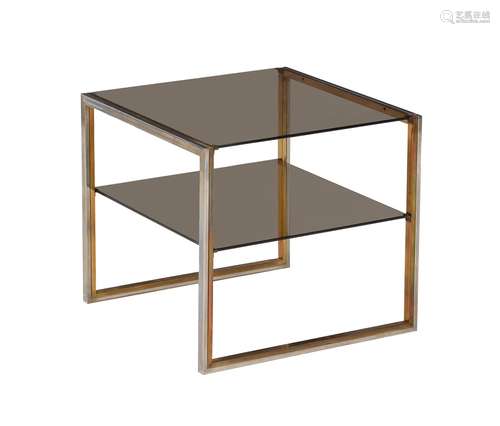 A lacquered brass, polished steel and smoked glass two tier occasional table