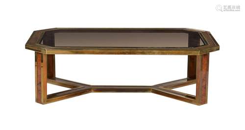 A lacquered brass and walnut and amboyna veneered low occasional table