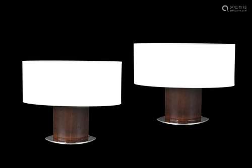 A pair of lacquered African walnut table lamps