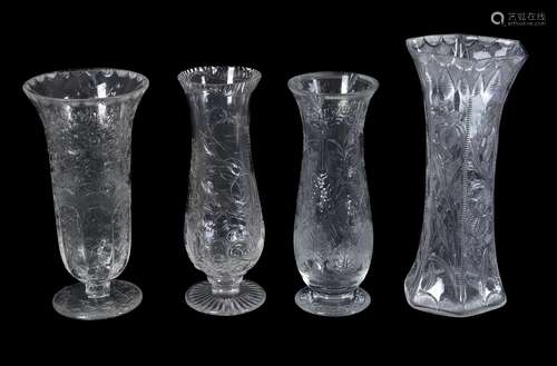 Four various Stourbridge 'Rock Crystal' engraved clear glass vases