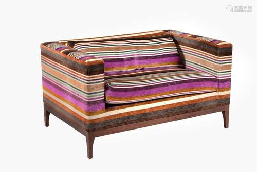 A stained wood and upholstered settee