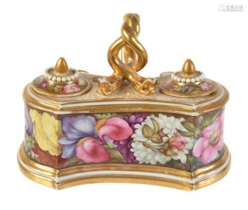 A Worcester (Barr, Flight & Barr) inkwell and covers painted with flowers