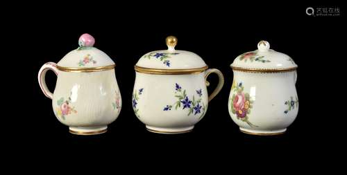 Three various French porcelain custard or bouillon cups and covers