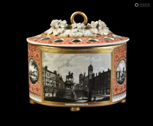 A Chamberlain's Worcester salmon-pink ground and gilt demi-lune bough pot and pierced cover
