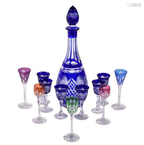 A Czechoslovakian clear cut-glass and blue-flashed spirit set