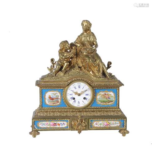 A French gilt metal and Sevres style porcelain mounted mantel clock