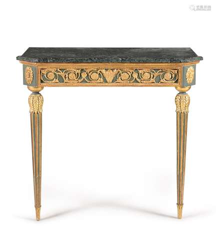 A dark green painted and parcel gilt console table