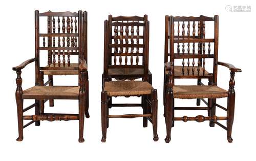 A harlequin set of six spindle back dining chairs