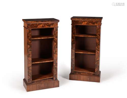 A pair of burr walnut and American walnut open bookcases