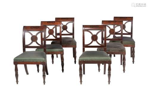 Y A set of six mahogany and ebony inlaid dining chairs