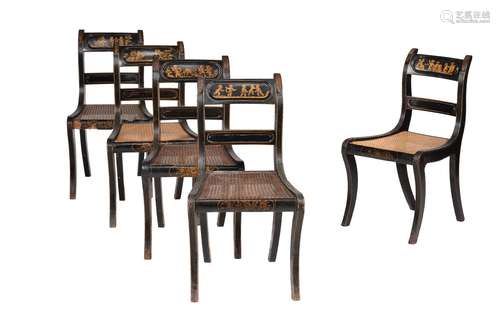 A set of five late George III Jappaned and parcel gilt side chairs