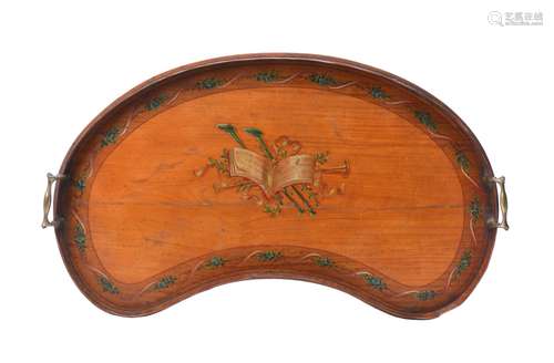 A Sheraton Revival satinwood and polychrome painted two handled tray