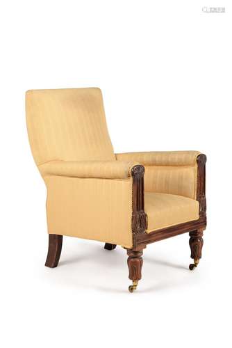 An early Victorian mahogany and upholstered library armchair