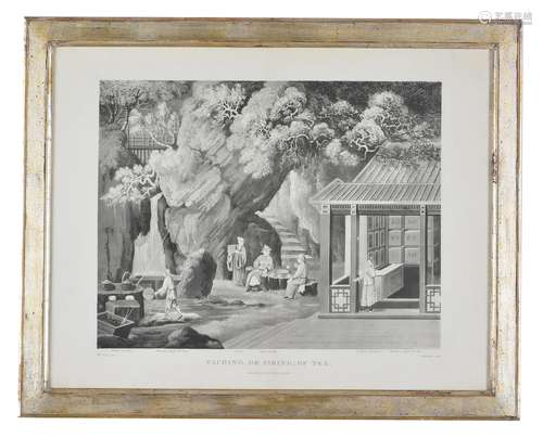 A pair of English monochrome engravings of Chinese tea gathering and firing scenes