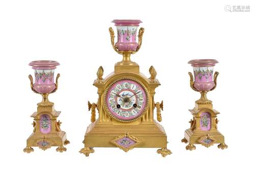 A French Sevres style porcelain and gilt metal mounted clock garniture