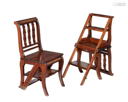 A pair of mahogany and leather inset metamorphic library chairs