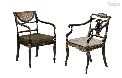 Two late George III or Regency ebonised and parcel gilt armchairs