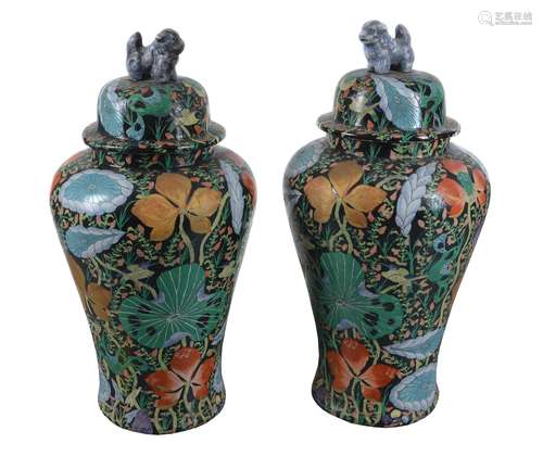 A pair of modern Asian famille noire style baluster floor vases and covers