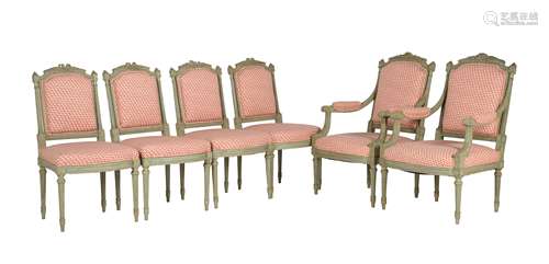 A set of six green painted upholstered salon chairs