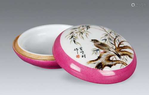 民国 黄晓村（款）粉彩花盆及胭脂盒 瓷