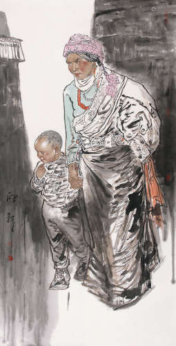 杨群峰《藏族人物母子》 纸本镜片