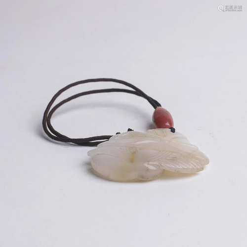 Chinese White & Russet Jade Egret & Lotus Pendant