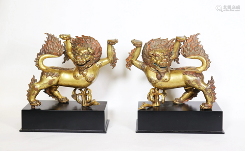 Pair Of Gilt Bronze Tibetan Lions