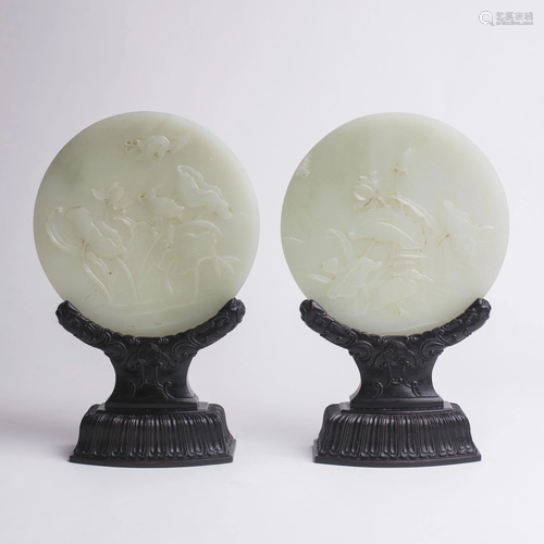 Pr Chinese White Jade Egret & Lotus Round Plaques