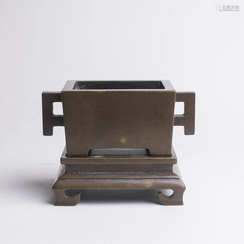 Chinese Rectangular Bronze 2 Handle Censer & Base