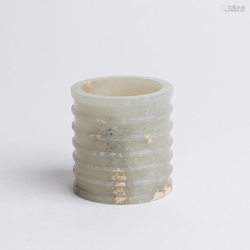 Chinese Warm White Jade Archaistic Tube Ring