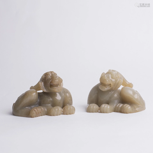 Pair Chinese Celadon Jade Opposing Animal Figures