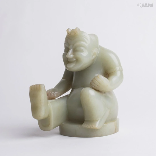 Chinese Pale Celadon Jade Squatting Figure