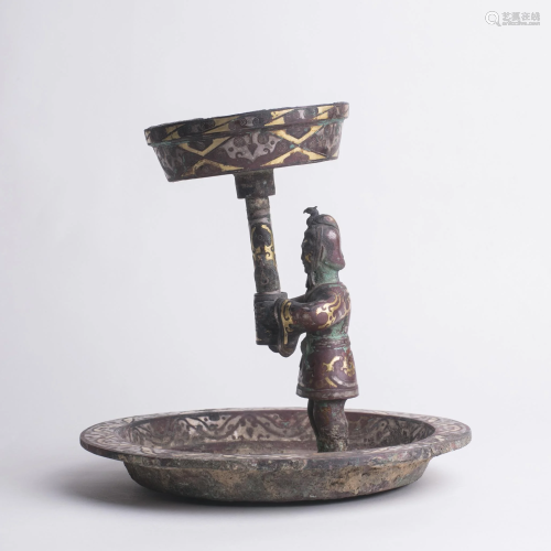 Chinese Archaistic Gold Silver Inlaid Bronze Lamp