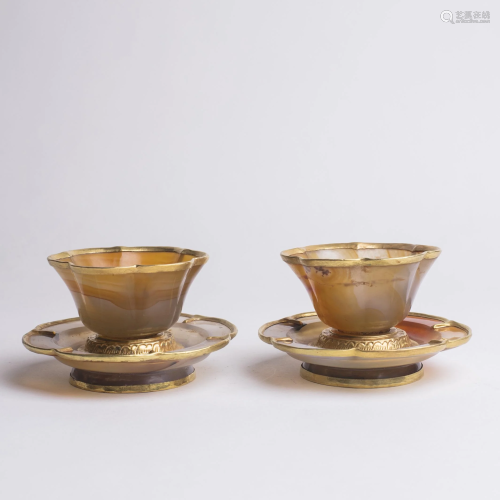 Pair Chinese Agate & Gold Cups and Cup Stands