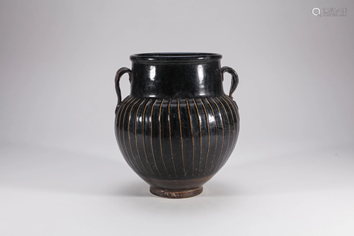 Chinese Ribbed Black Glazed Henan Porcelain Jar