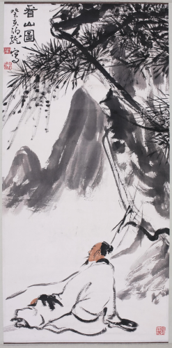 Chinese Ink Painting on Paper Scholar & Mountains