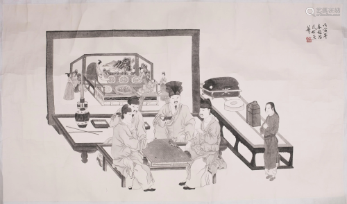 Chinese Ink Painting 4 Scholars Playing Weiqi