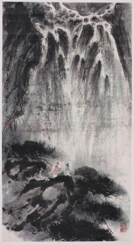 Chinese Ink Painting Scholars view Waterfalls