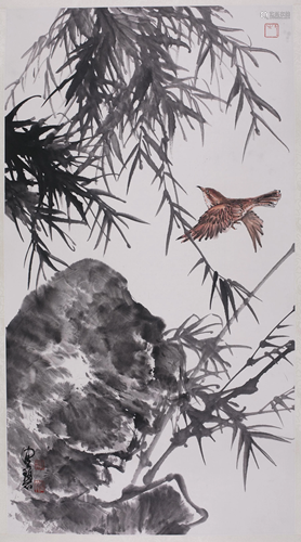 Chinese Ink Painting Paper Bird Bamboo & Rock