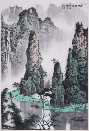 Chinese Ink & Color Painting Waterfall Landscape