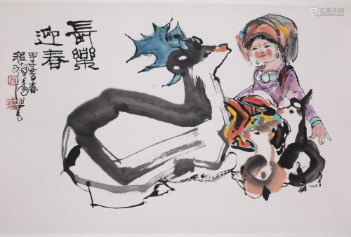 Chinese Ink & Color Painting Girl, Deer & 2 Fawn