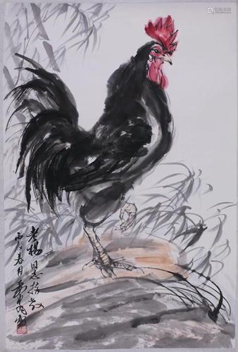 Chinese Ink Painting of Black Rooster, Huang Sou