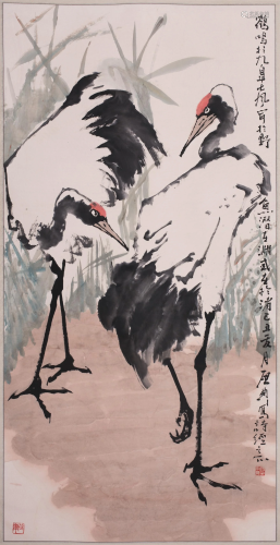 Chinese Ink & Color Painting on Paper 2 Cranes