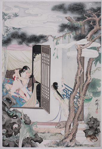 Chinese Erotic Color Painting Man Girl Servant