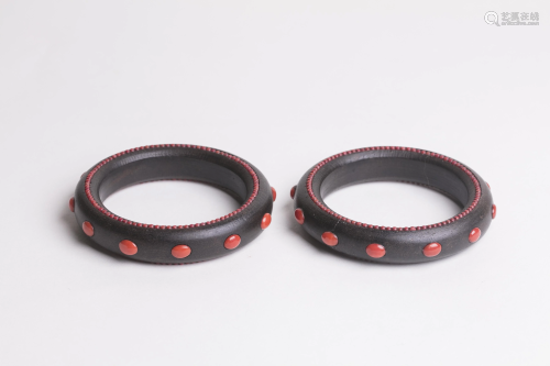Pair Chinese Chen Xiang Wood Bangle Bracelets