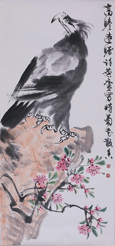 Chinese Ink Painting on Paper Hawk Flower Rock