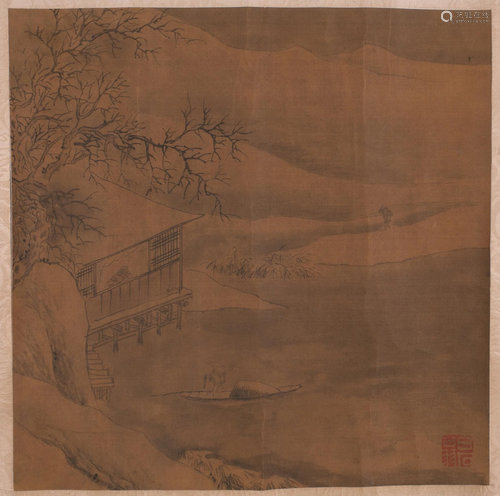 Chinese Painting Silk Scholar Fisherman in Snow