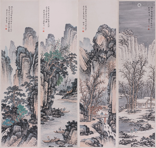 4 Chinese Ink Paintings 4 Seasons River Gorge