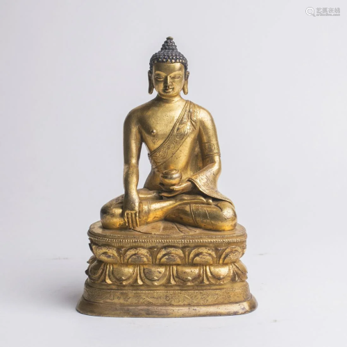 Tibetan Gilt Bronze Seated Buddha Sealed Throne