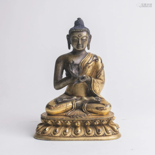 Tibetan Part Gilt Bronze Buddha Sealed Throne